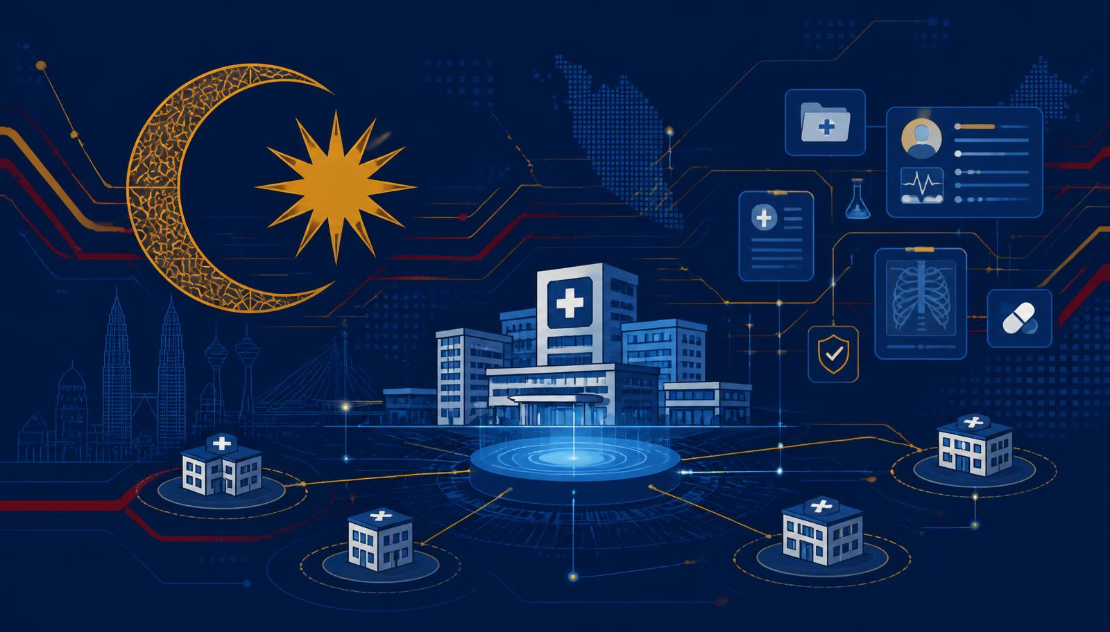 Editorial illustration of a connected Malaysian public hospital digital health network